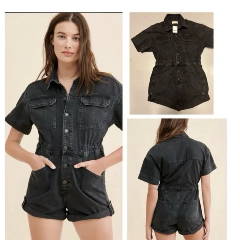 Last 1! SALE!! NWT Free People x WTF Marci Denim Cuffed Coverall Shorts in Black